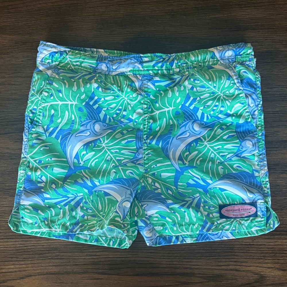 Vineyard Vines Boys Marlin & Palm Print Swim Shorts in Green and Blue